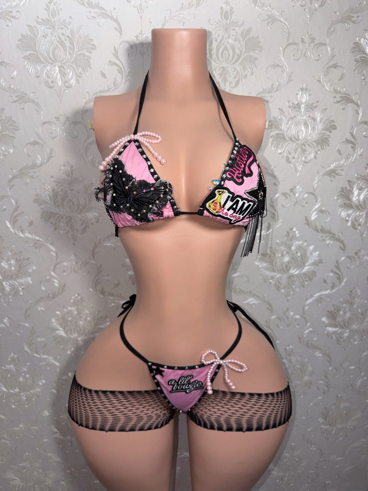 Bad To The Bone 2.0 Alt Core Y2K Patchwork Bikini + Fishnet 4 Piece Cutoff Shorts Set
