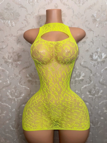 Royalty Plain Cheetah Fishnet Dress Fits XS-L