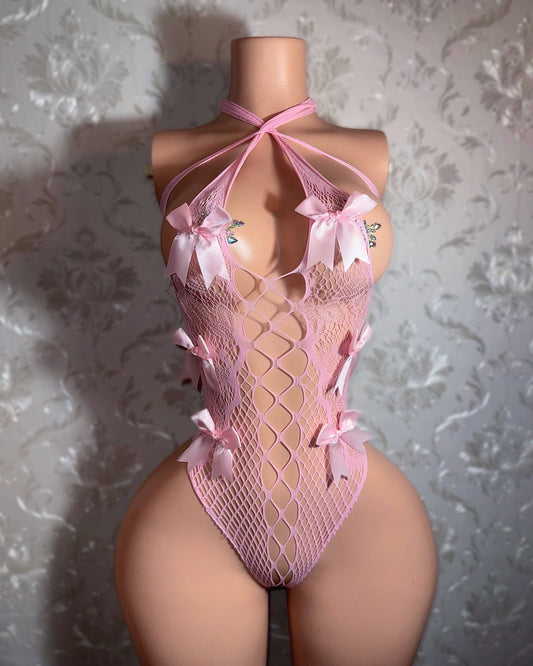 Sultry Vixen with Bows — Crotchless Lace Bodysuit with Baby Pink Accent Bows Fits XS-L