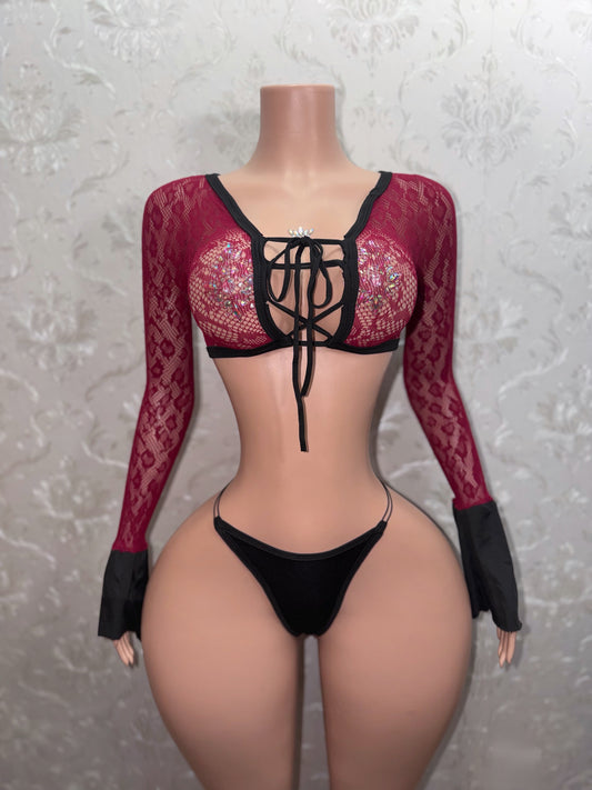 Black Cherry Bella Don Two Tone Fishnet Bell Sleeve Set Fits XS-XL