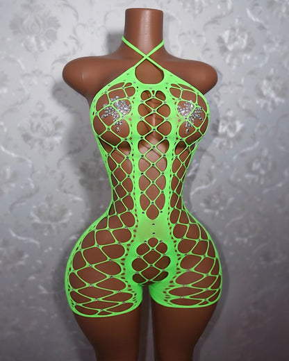 Giana Rhinestone Fishnet Romper Fits XS-L