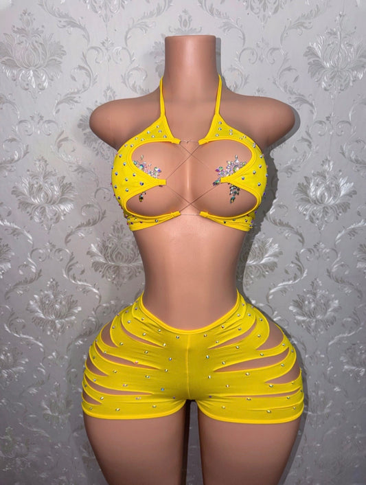 Butter Yellow Valentina Slit Shorts Set fits S-L