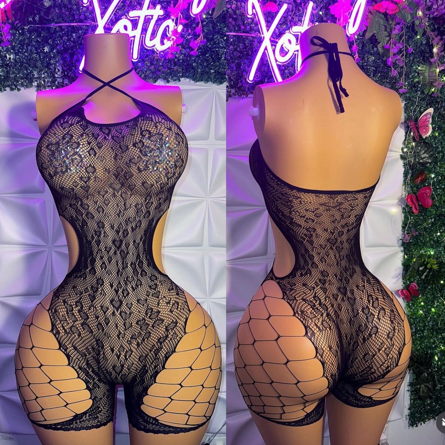 Yolie — Halter Fishnet Romper with Cut Out Sides Fits XS-M, Dress Fits XS-L