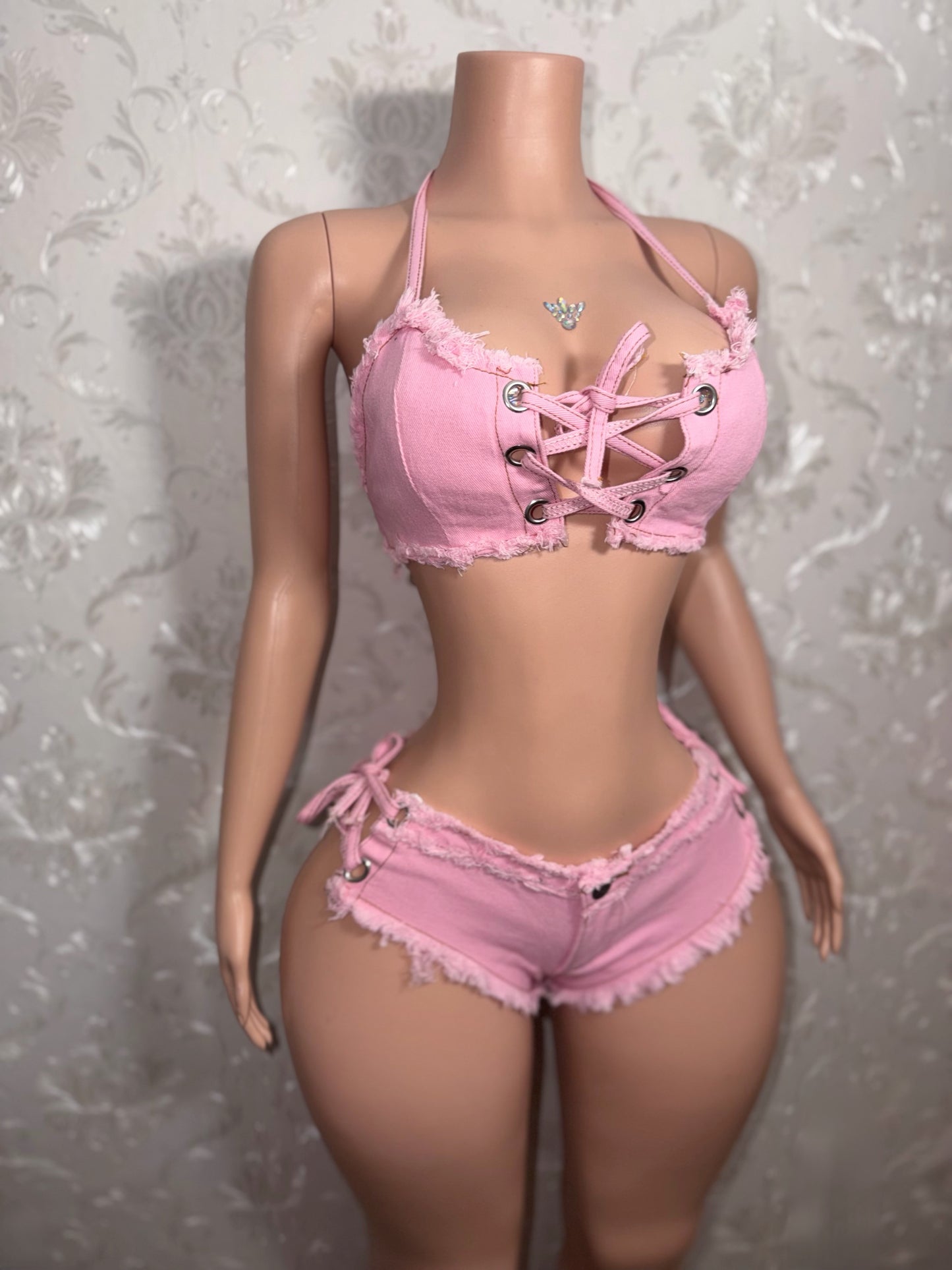 Amirah- 2 Piece Distressed Ultra Mini Denim Shorts Set