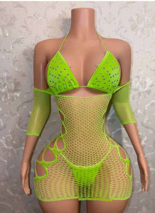 Martina Bikini + Teyana Fishnet Dress 3 Piece Set Fits XS-L