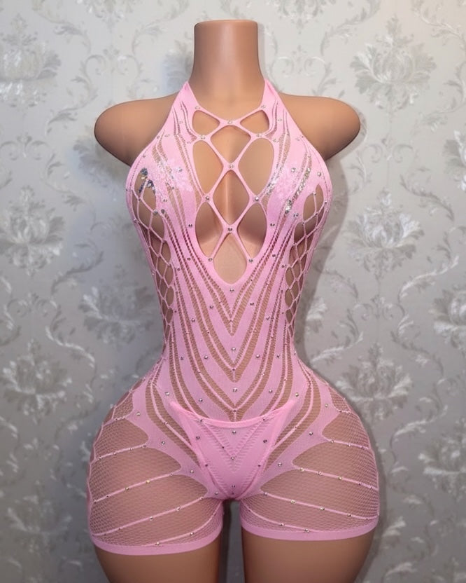 PLT Original Halter Fishnet Romper With Rhinestones Fits XS-XL