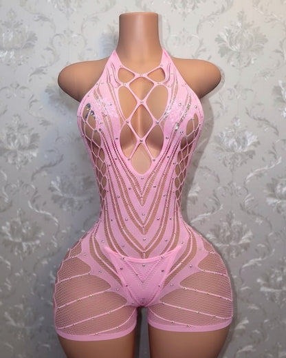 PLT Original Halter Fishnet Romper With Rhinestones Fits XS-XL