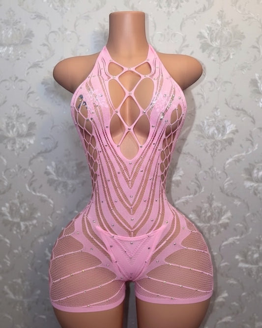 PLT Halter Fishnet Romper With Rhinestones XS-XL