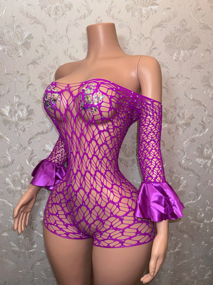 Kayla Off Shoulder Fishnet Romper Fits XS-M