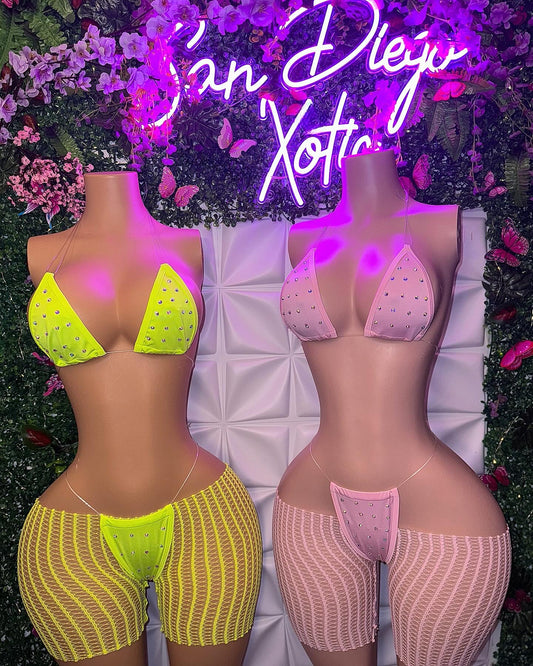 Chloe Rhinestone 3 Piece Bikini Set and Cut Off Fishnet Shorts