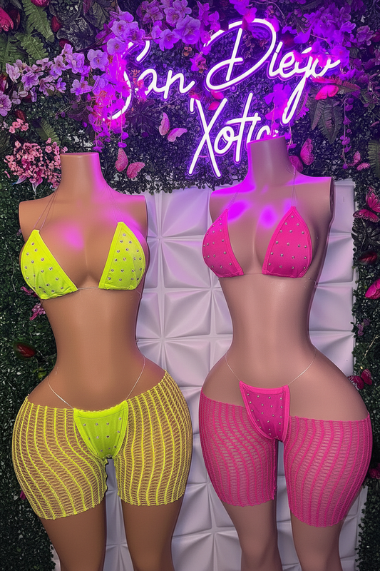 Chloe Rhinestone 3 Piece Bikini Set and Cut Off Fishnet Shorts