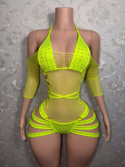 Electric Georgia Peach Fishnet 3 Piece Shorts Set Fits S-L