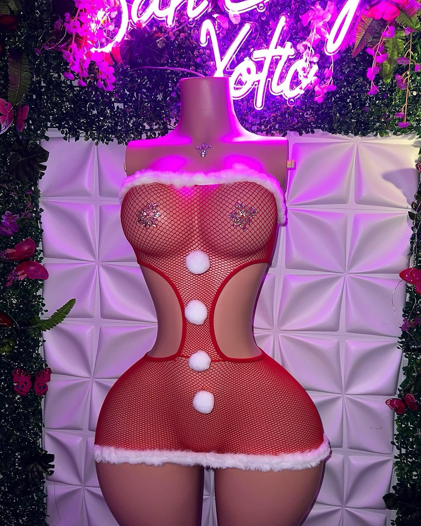 Slay Bells Sexy Fur Trim Fishnet Mini Dress Fits XS-L