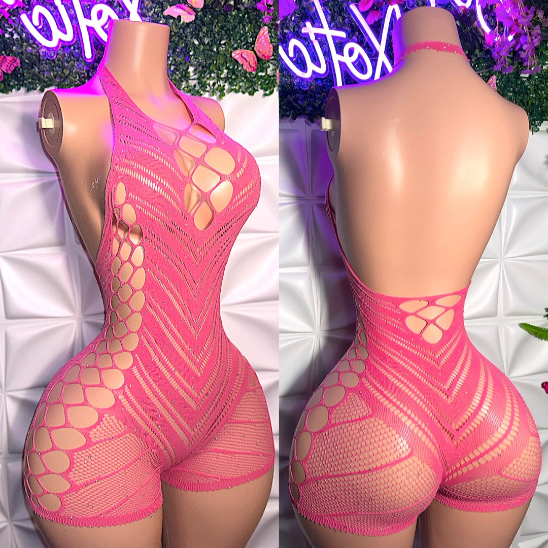 PLT Curvy Collection — Glittery PLT Fishnet Romper Fits S-XXL