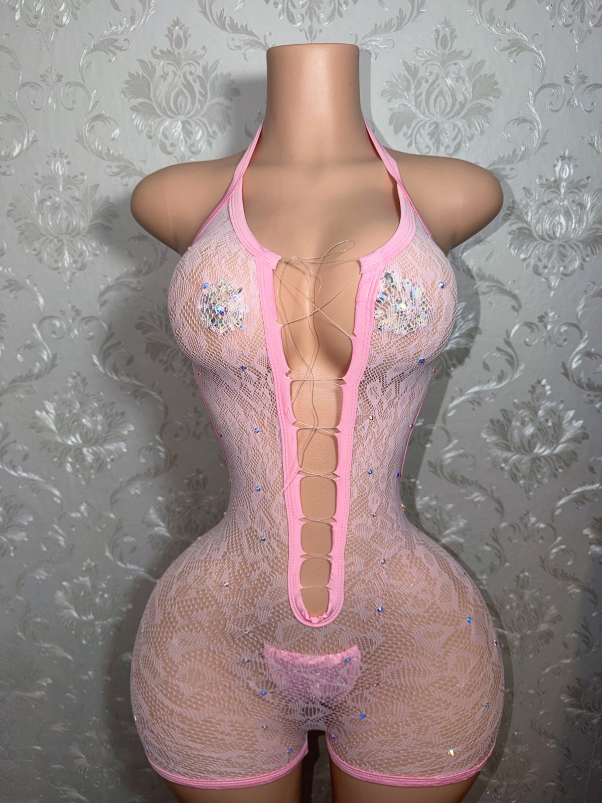 Aaliyah Clear Cord Rhinestone Cheetah Romper Set With Thong Fits XS-L