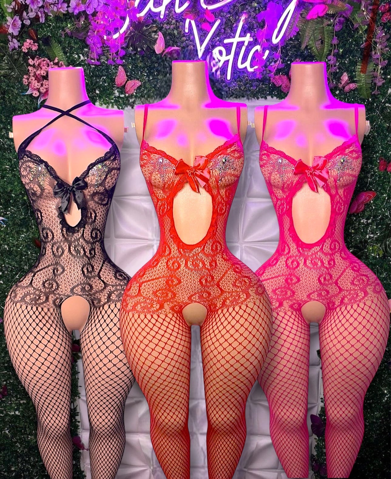 Babydoll Fishnet Bodystocking with Bow Fits XS-L