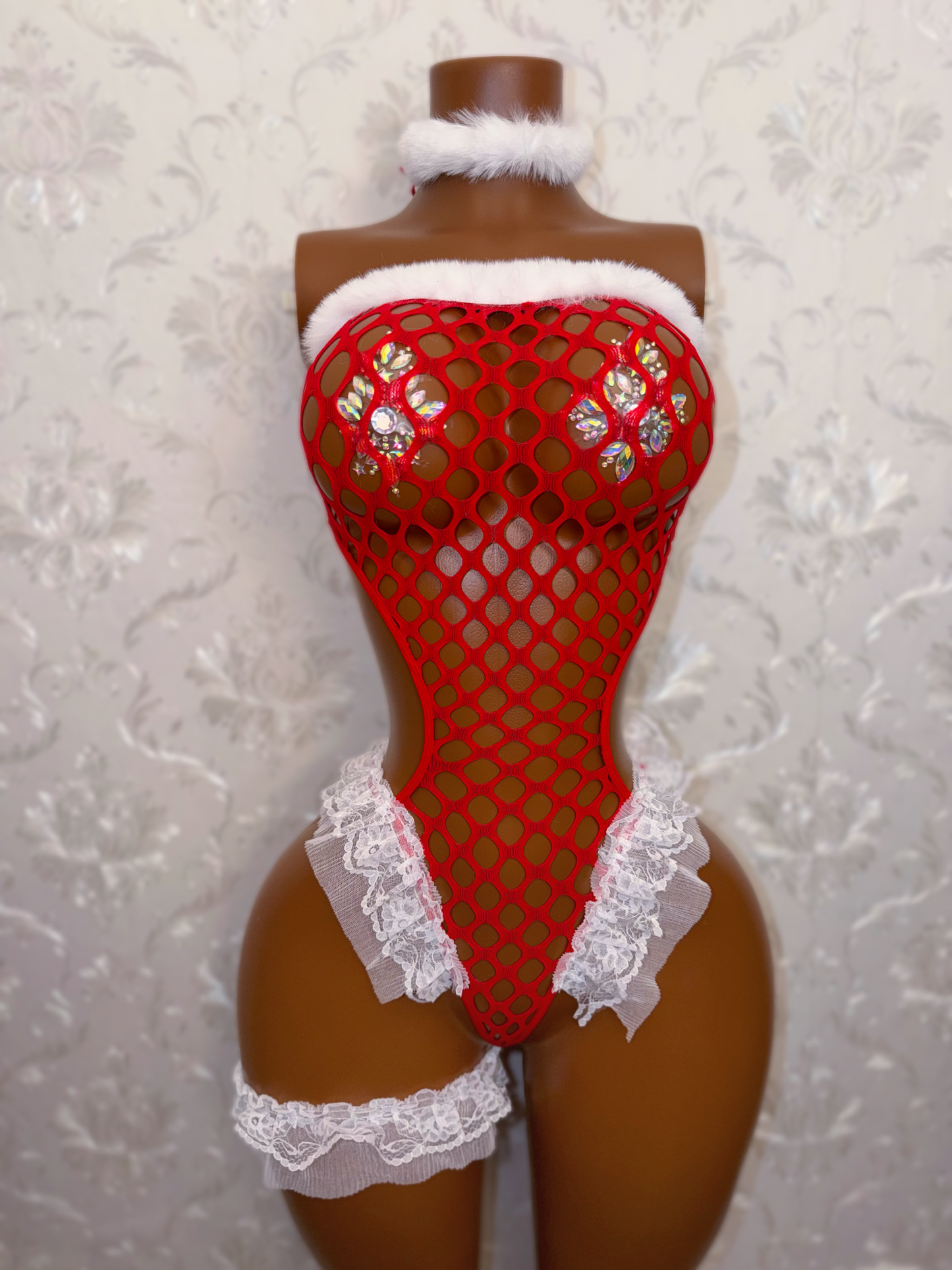 Snow Fairy Fishnet Bodysuit Lace Ruffle Trim 3 Piece Set Fits XS-M