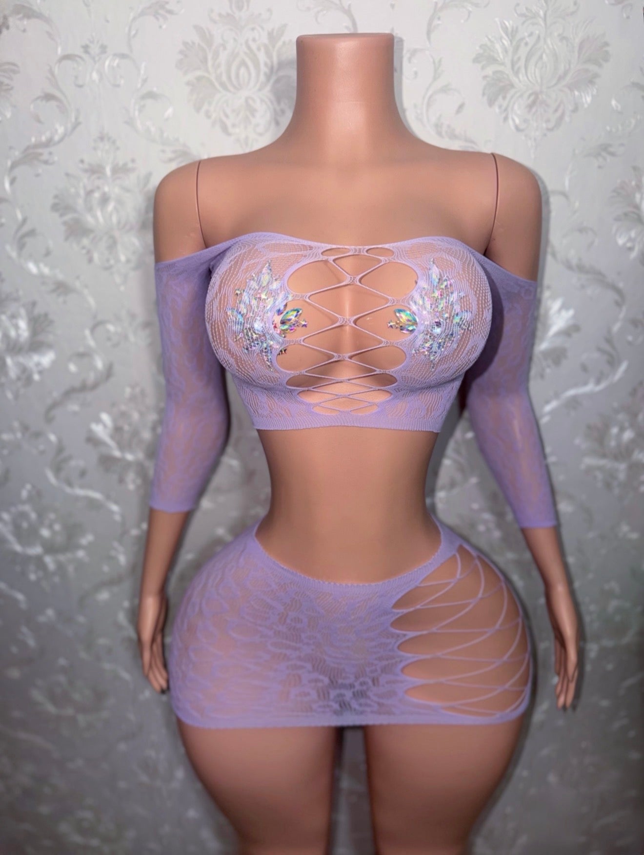 Luciana Cheetah Fishnet Long Sleeve & Mini Skirt Set Fits XS-M