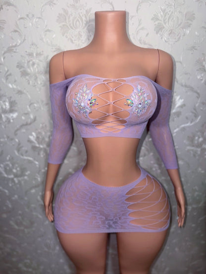 Luciana Cheetah Fishnet Long Sleeve & Mini Skirt Set Fits XS-M