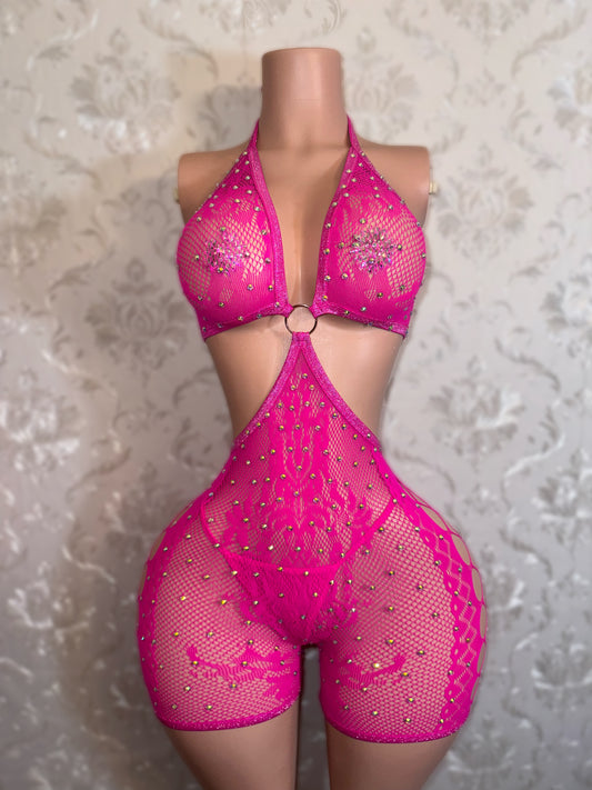 SPICE GIRL — Hot Pink Lace Fishnet Romper with Thong