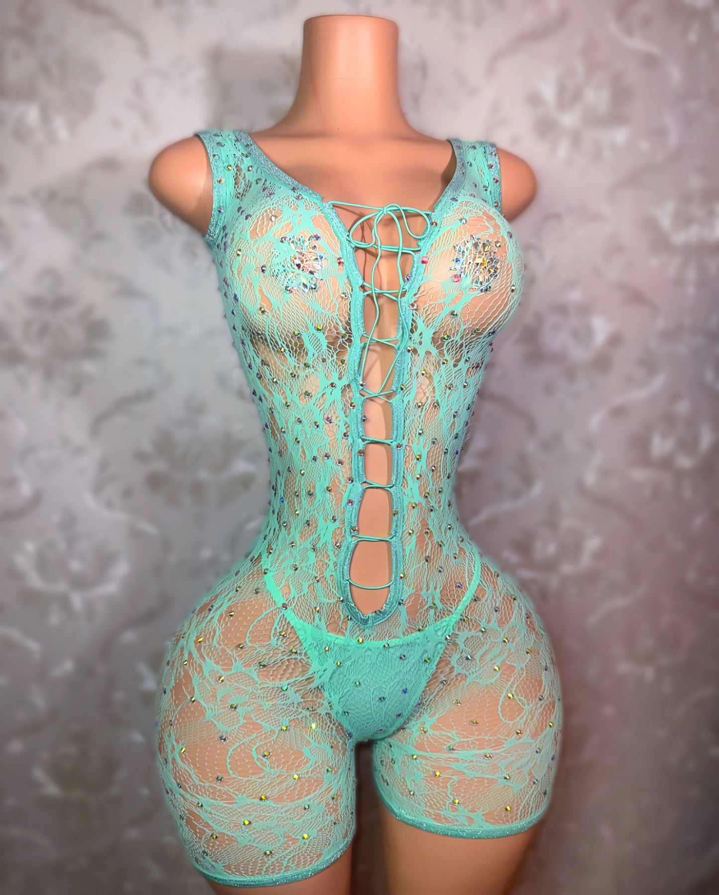 Enchantress Rhinestone Lace Fishnet Romper Set Fits XS-L