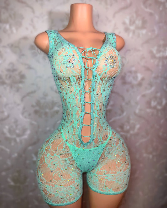 Enchantress Rhinestone Lace Cutout Back Fishnet Romper Set Fits XS-L