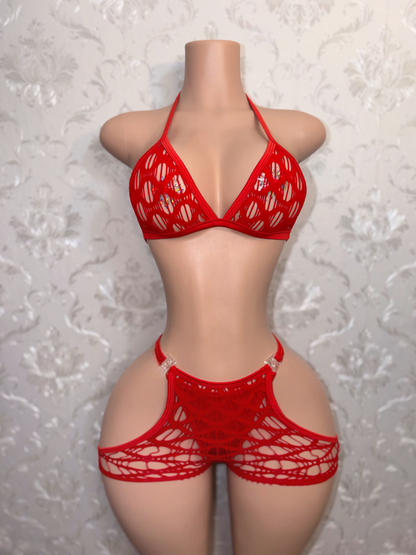 Desiree Plain Cutout Fishnet Clasp Chaps Shorts Set Fits S-L