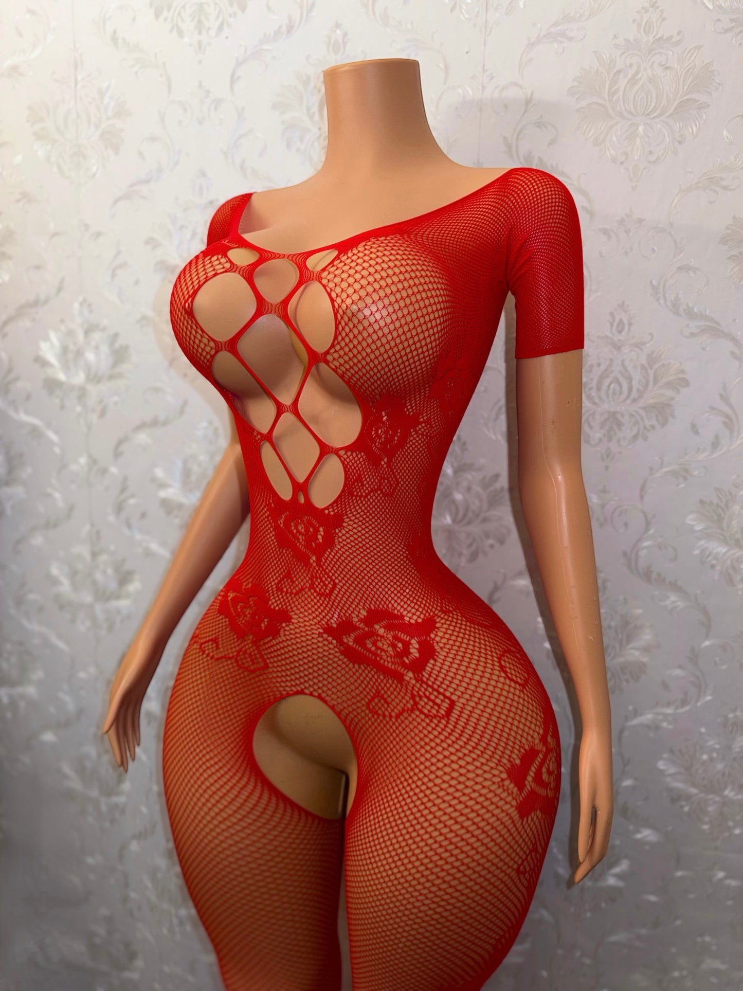 Rosé Short Sleeve Fishnet Bodystocking Fits XS-M