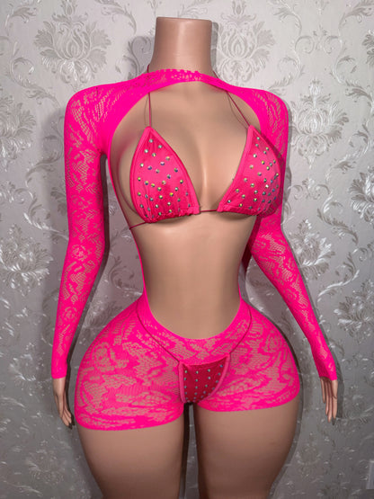 Suriyah Fishnet Romper 3 Piece With Bikini Fits XS-L