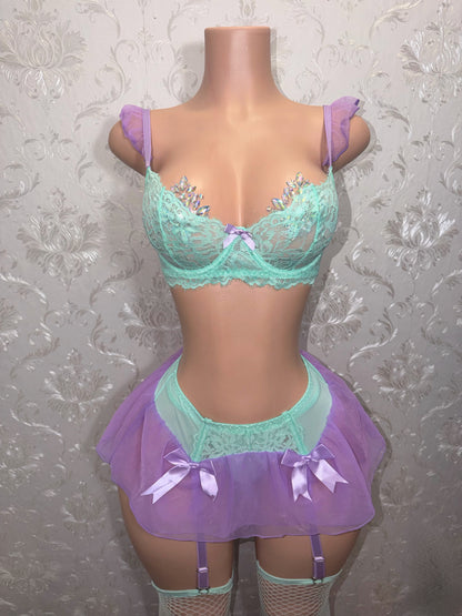 Mermaid Princess 4 Piece Set Includes Knee High Stockings and Thong