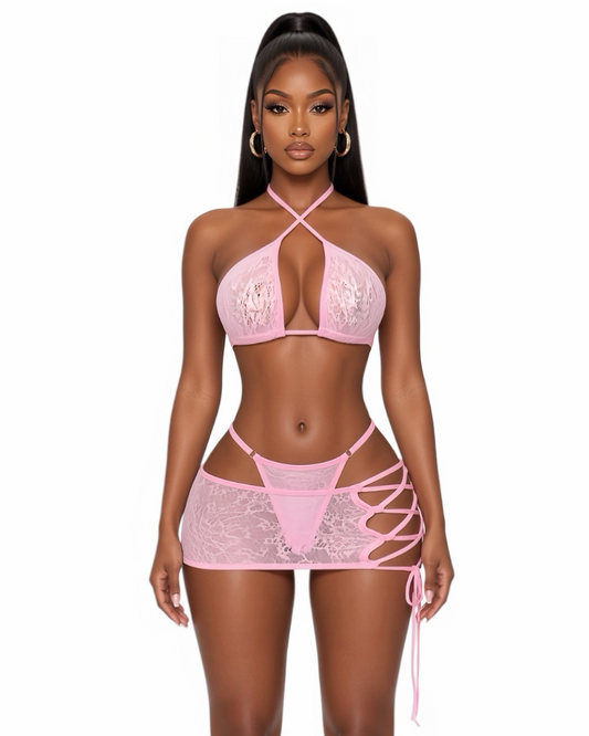 Kawaii Barker 3 Piece Floral Fishnet Skirt Set Fits XS-L