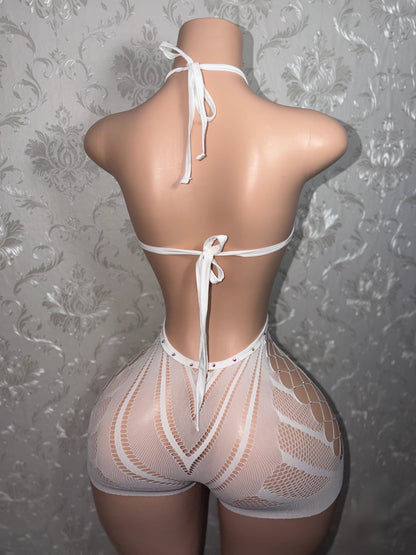 PLT Halter Fishnet Romper Extra Rhinestones Fits XS-M