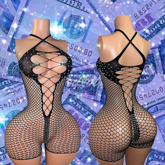 Divine Fishnet Rhinestone Romper XS-M