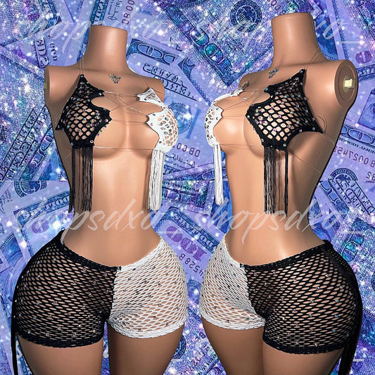 Salt N Pepa Two Tone 2 piece Fishnet Tassel Shorts Set with Rhinestones
