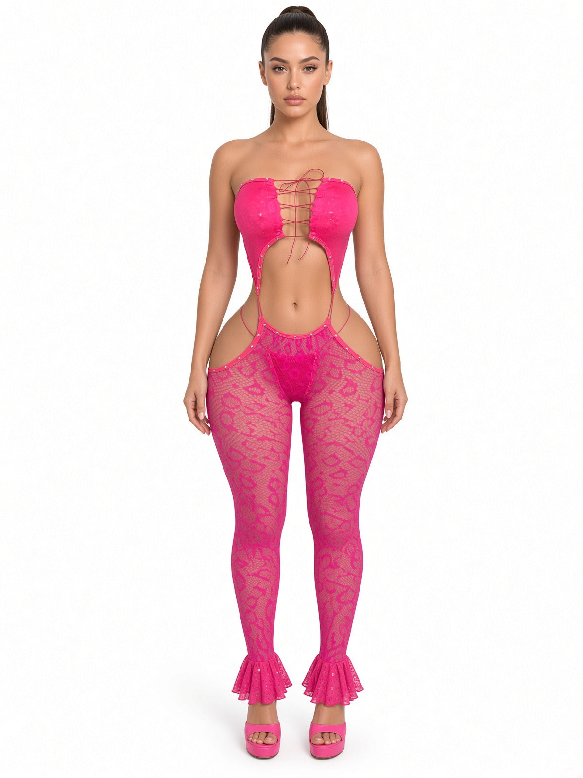 I Got Motion Ultra Low Rise Rhinestone Fishnet Jumpsuit 2 Piece Set With Thong Fits S-L