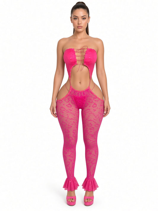 I Got Motion Ultra Low Rise Rhinestone Fishnet Jumpsuit 2 Piece Set With Thong Fits S-L