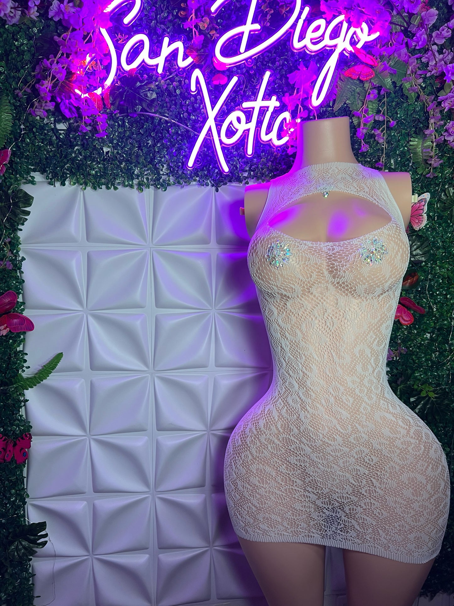Royalty — Bedazzled Cheetah Fishnet Romper with Nude Illusion Thong Embellishment