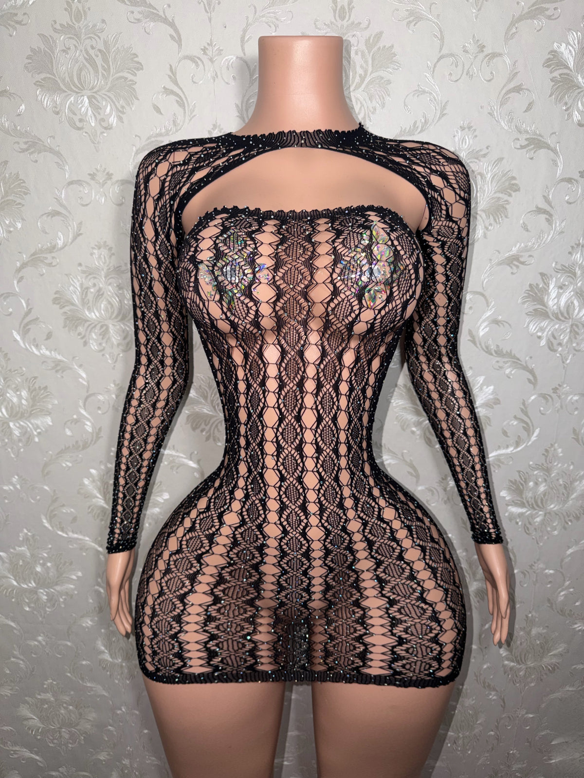 Lyrica 3 Piece Rhinestone Fishnet Dress Set With Shrug Optional Thong Fits XS-L