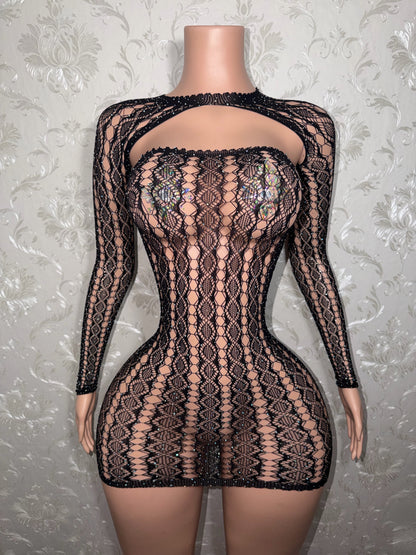 Lyrica 3 Piece Rhinestone Fishnet Dress Set With Shrug Optional Thong Fits XS-L