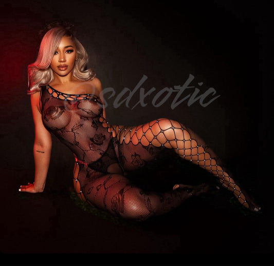 Lace Detail — Asymmetrical Lace Fishnet Jumpsuit