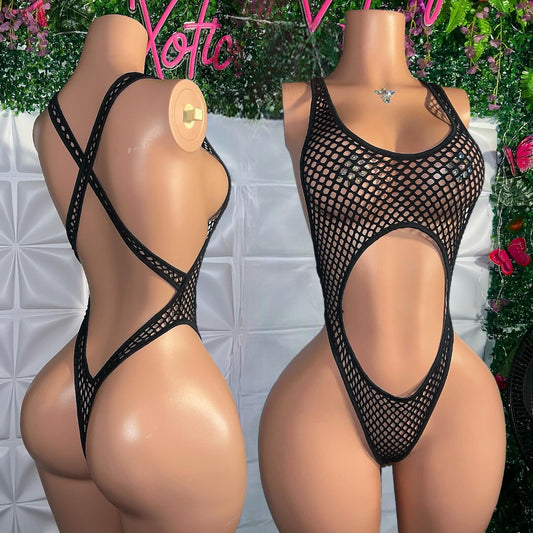Too Hot — Mesh One Piece Low V-Back Fishnet