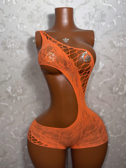 Orange Soda Lace Detail Cut Out Fishnet Romper In Orange Fits XS-Lr