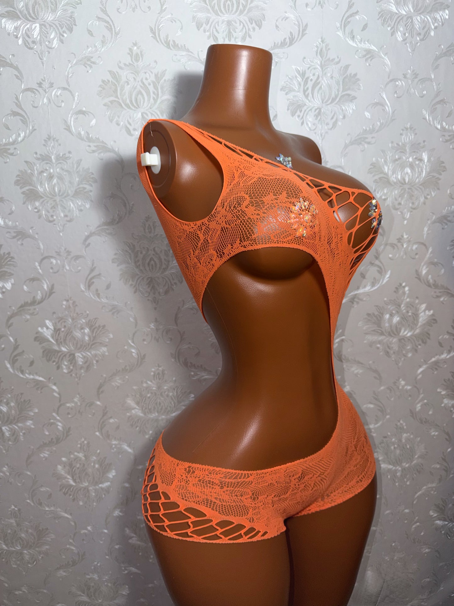 Orange Soda Lace Detail Cut Out Fishnet Romper In Orange Fits XS-Lr