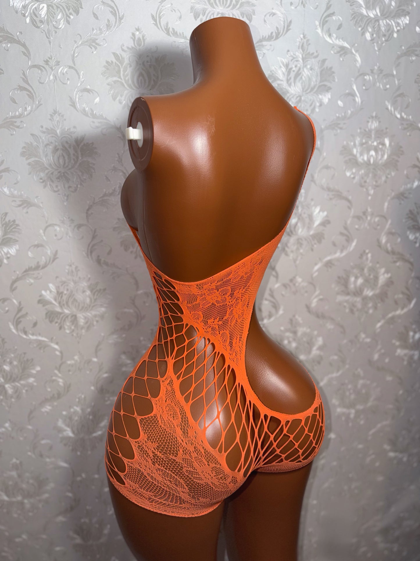 Orange Soda Lace Detail Cut Out Fishnet Romper In Orange Fits XS-Lr