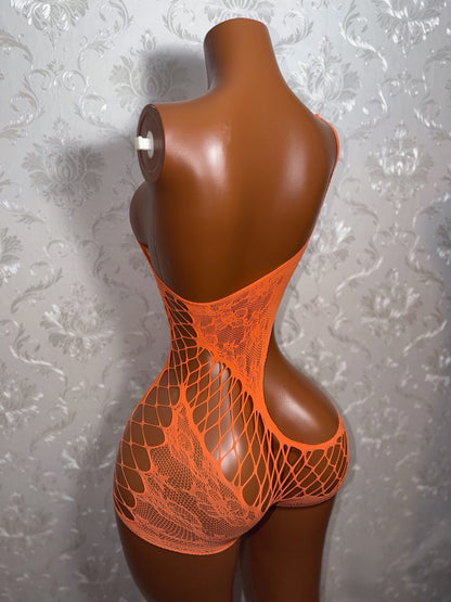 Orange Soda Lace Detail Cut Out Fishnet Romper In Orange Fits XS-Lr
