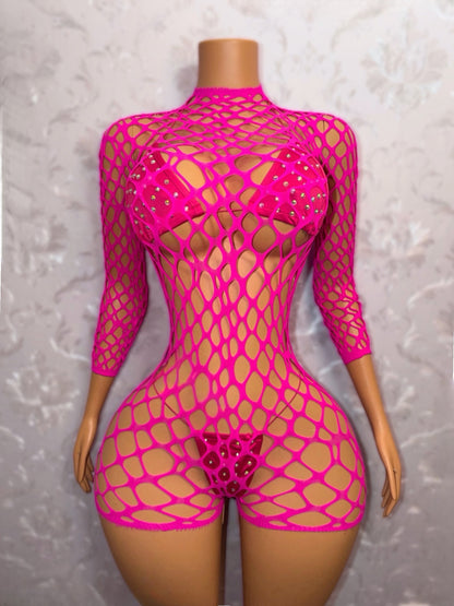 Avery Long Sleeve Fishnet Romper Bikini Set Fits XS-L
