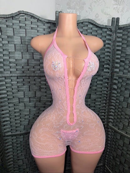 Aaliyah Clear Cord Rhinestone Cheetah Romper Set With Thong Fits XS-L