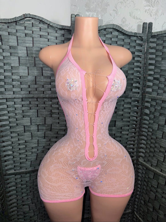 Aaliyah Clear Cord Rhinestone Cheetah Romper Set With Thong Fits XS-L
