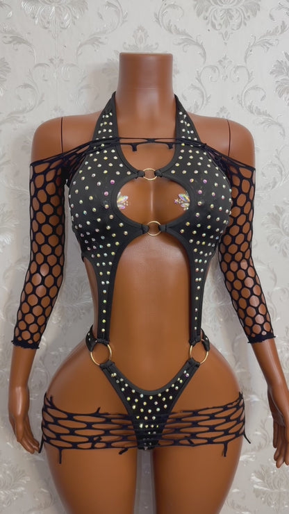 Sadé Rhinestone One Piece & Fishnet Shawl + Skirt Set Fits S-L