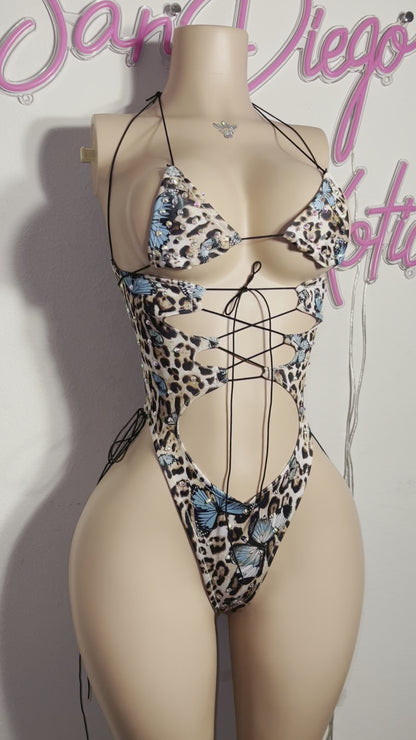 Mariposa — High Waisted Two Piece Set Blue Butterfly and Cheetah Print Bikini